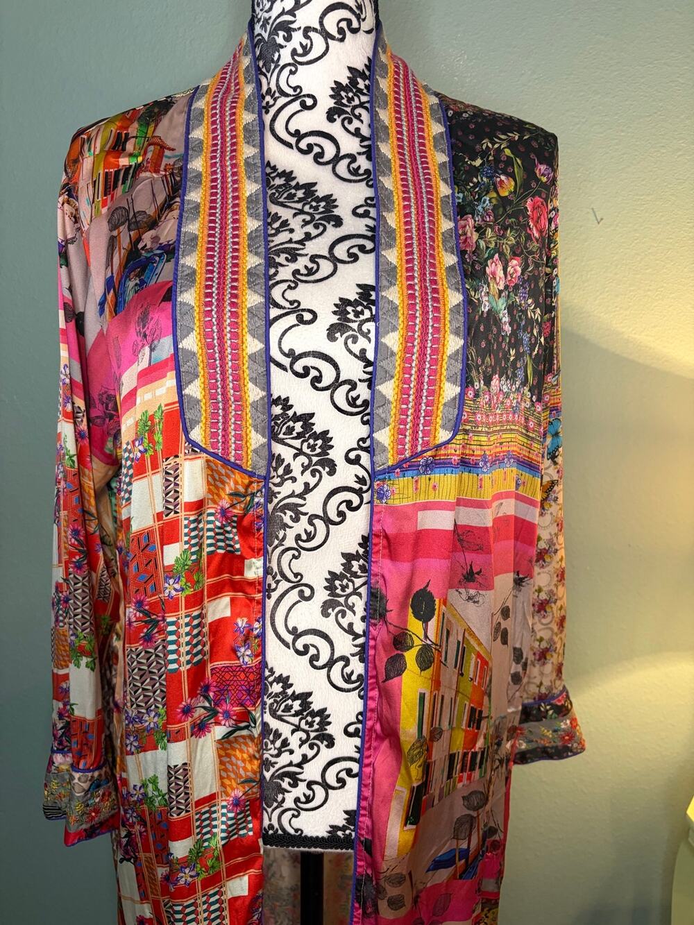 Johnny Was XS Silk Blend Patchwork Floral Maxi Duster Kimono Embroidered Boho